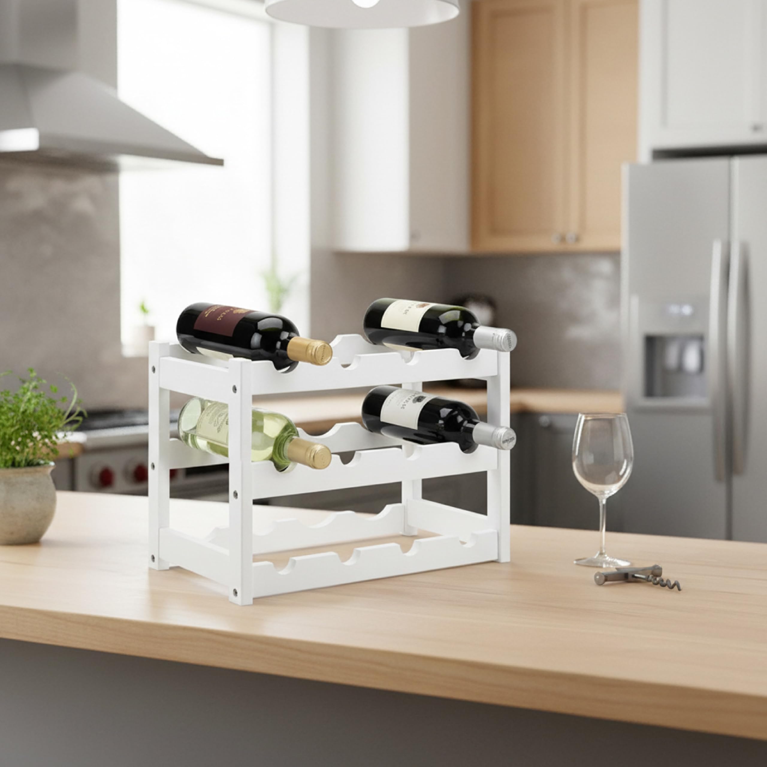 Baroni Home Cantinetta Portabottiglie in Legno, 3 Ripiani per 12 Bottiglie, Espositore Vino per Cucina, Bar e Cantina, Facile da Montare, 24x46x30 cm (Bianco)