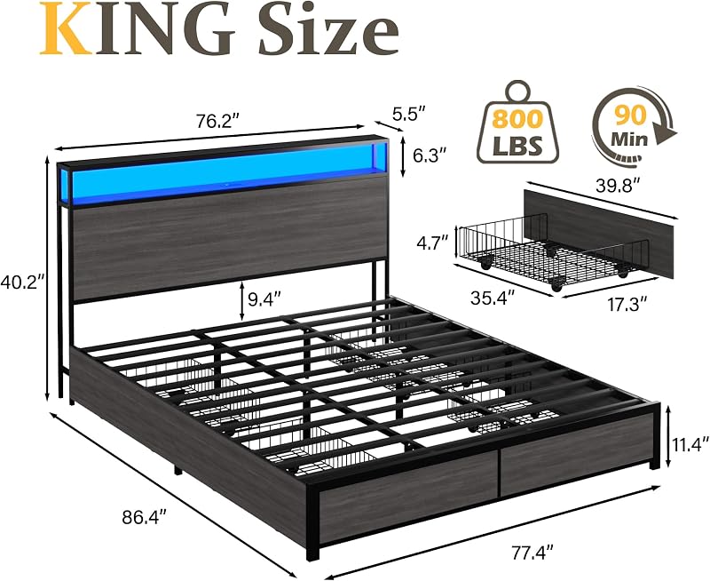 Lifezone King Bed Frame with 2-Tier Storage Headboard, Metal Platform Bed Frame with 4 Storage Drawers, Built in Charging Station & LED, Noise-Free/Metal Support/No Box Spring Needed, Rustic Grey image 2
