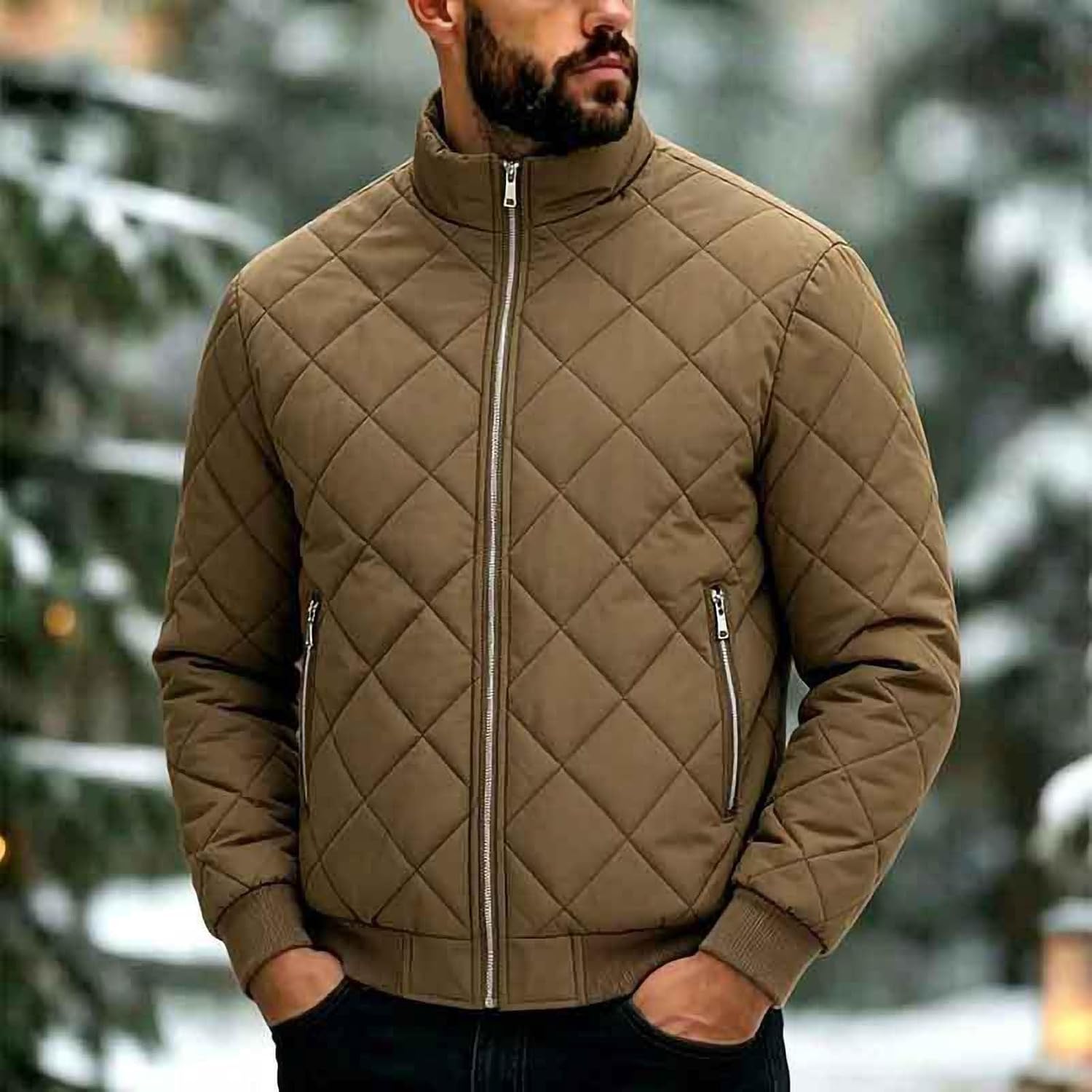 Men's Diamond Quilted Jacket, Zipper Pockets, Lightweight Fit