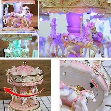 Carousel Music Box for Girls, 3-Horse Rotating Carousel Windup Color Change LED Lights for Daughter Birthday Christmas Festival Music Box Artware (COLOR:Pink)