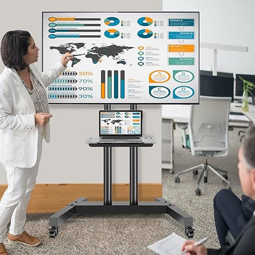 Miniatura 3 de TVON Carrito de TV móvil con ruedas para televisores de pantalla plana curva LCD LED OLED de 40 a 80 pulgadas, soporte de TV con ruedas ajustable en