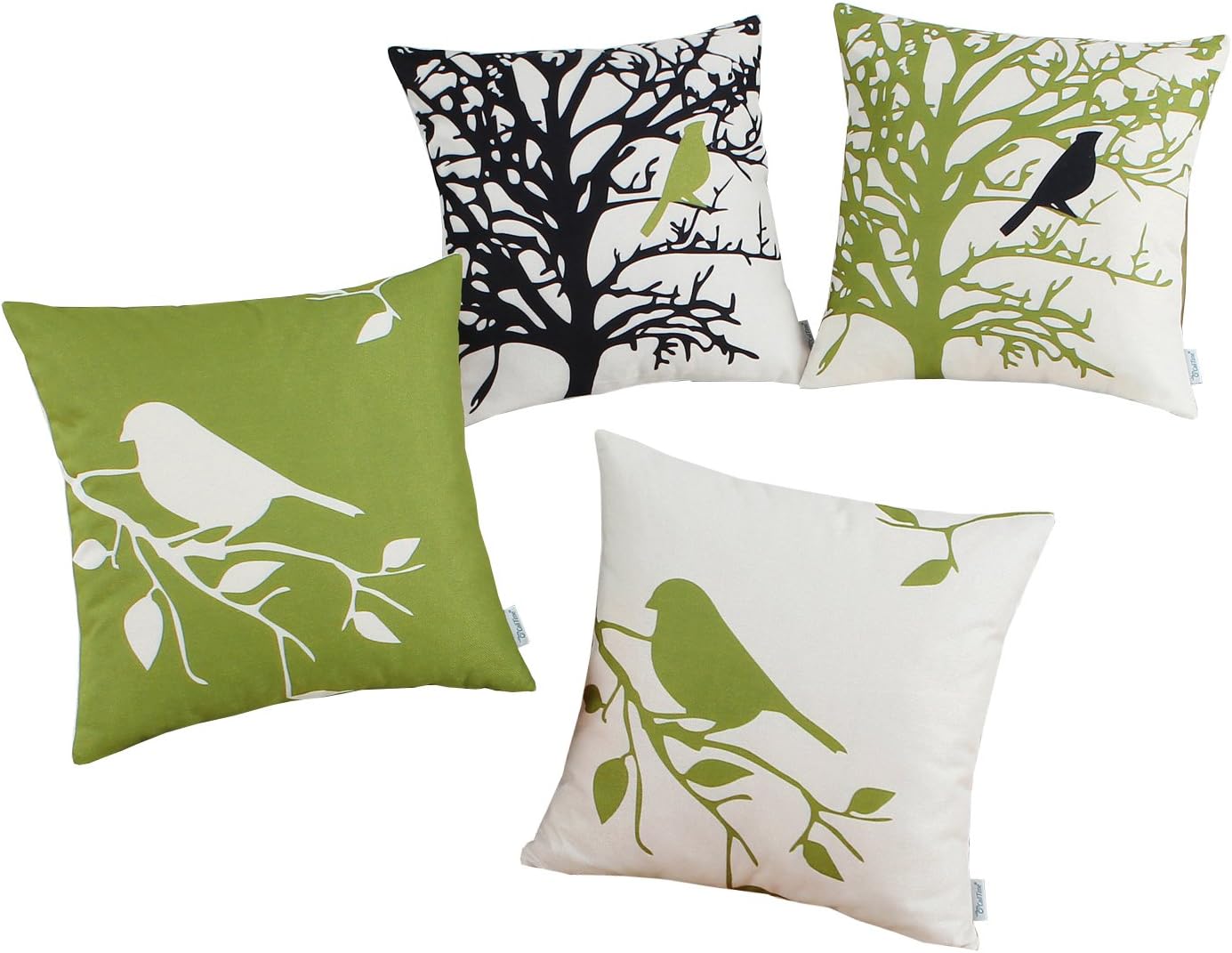 CaliTime Set of 4 Canvas Throw Pillow Covers Cases for Couch Sofa Home Decoration Vintage Birds Tree Branches Silhouette 18 X 18 Inches Black/Olive Green