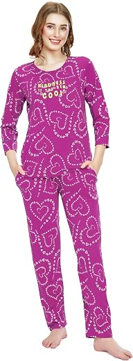 ZEYO Night Suit for Women's Heart Printed Cotton Night Dress of Top and Pajama Set 5790