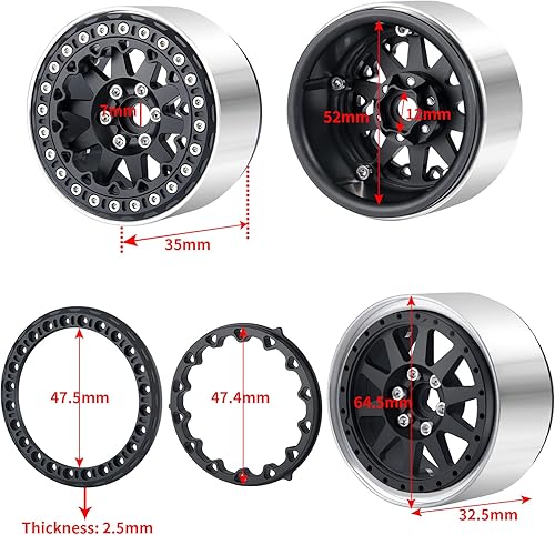 Miniatura 7 de Juego de 4 llantas Beadlock de 2.2 pulgadas, cubos de rueda de metal para Wraith axial SCX10 90048 RR10 TRX4 D90 RC Crawler Car (azul)