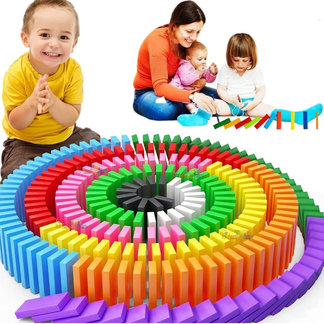 Toy Imagine 480 Piece Colorful Wooden Domino Block Set for Kids Educational Learning Activity Game, Helps Develop Fine Skills and Color Recognition, (12 Colors)