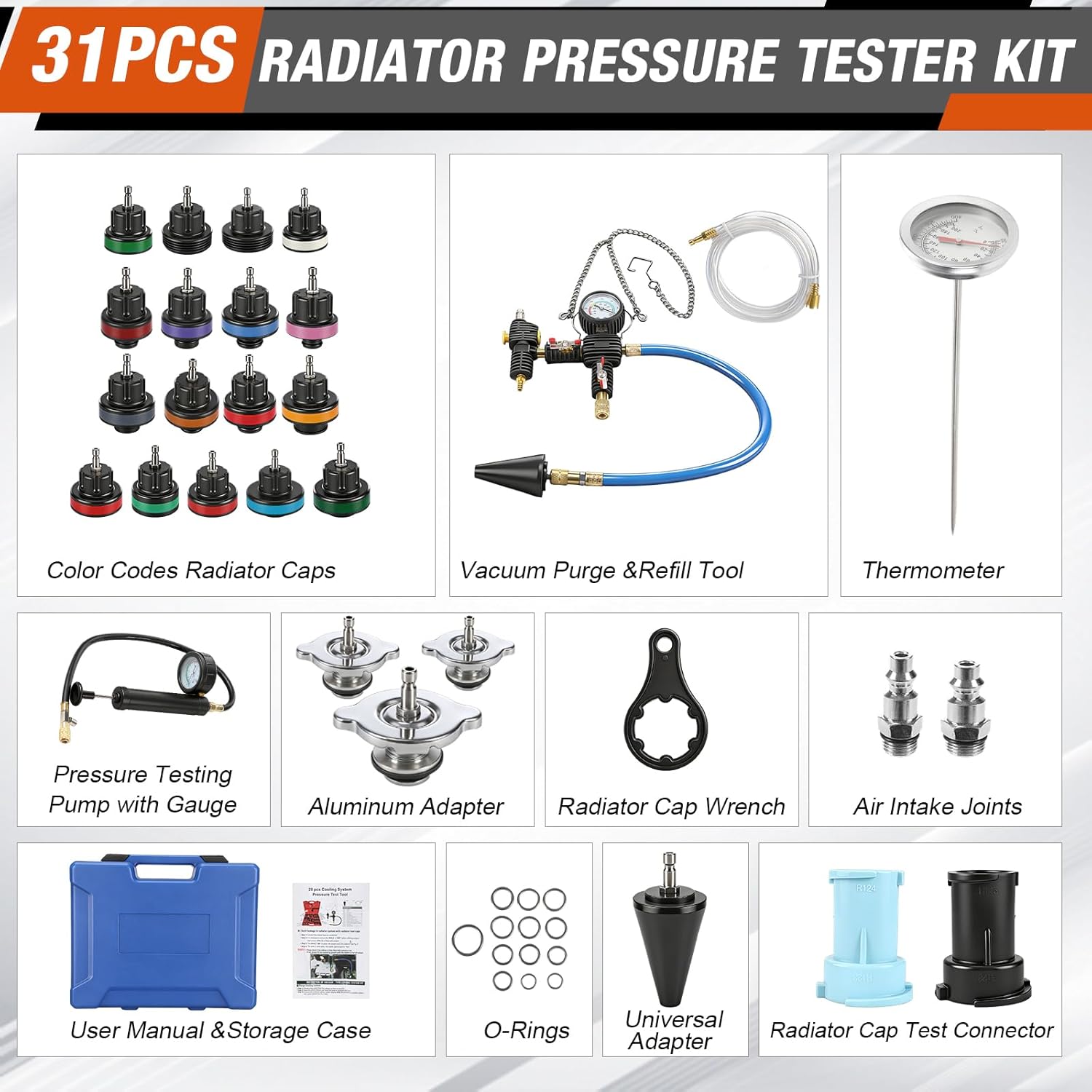 Coolant Pressure Tester Kit, 31PCS Master Coolant Vacuum Refill Kit with 23 Radiator Adapters for Automotive Cooling System Vacuum Leak Tester & Radiator Pressure Tester Kit with Refill Tool