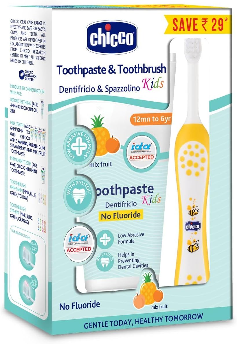 Toothpaste Mix Fruit + Chicco Brush Yellow 6-36M