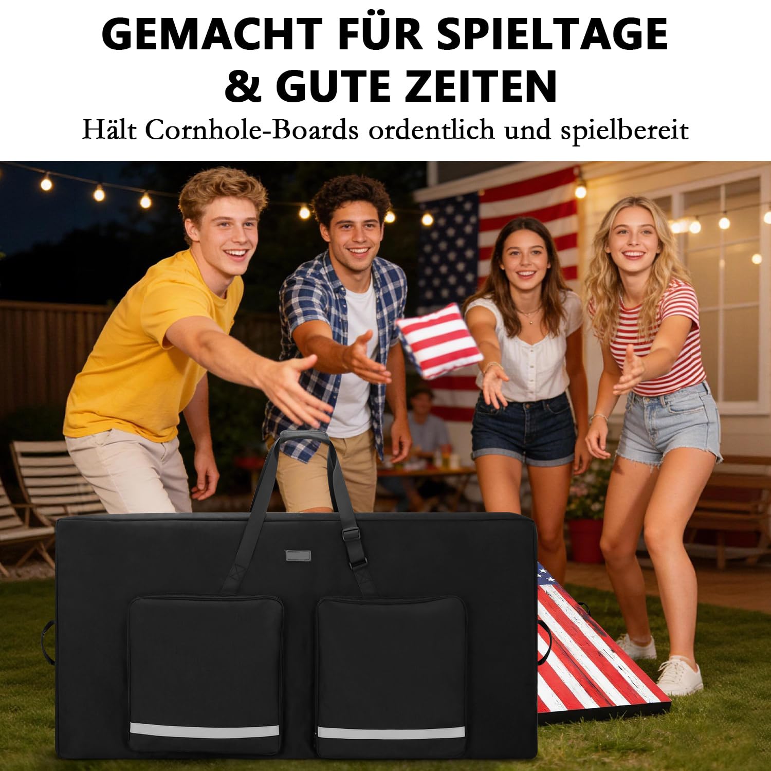 Cornhole-Tragetasche passend für reguläre 4' × 2' Boards, robuste 600D-Tragetasche mit gepolstertem Schultergurt, 2 zusätzliche Taschen für Cornhole-Wurfsäckchen und Zubehör, Schwarz (nur Tasche)