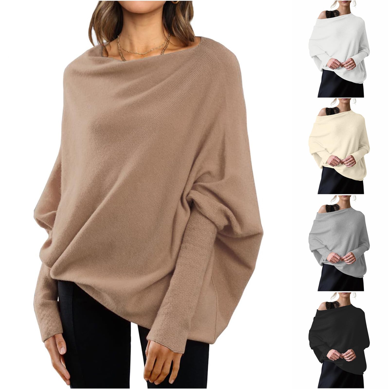 Saymany Pullover Damen Herbst Fledermausärmel Strickpullover Pullover Einfarbige Langarm Rundhals Oberteil Top Lockerer Strickpullover Knitted Basic Stretch Sweater Langarm Elegant Pulli Oberteile