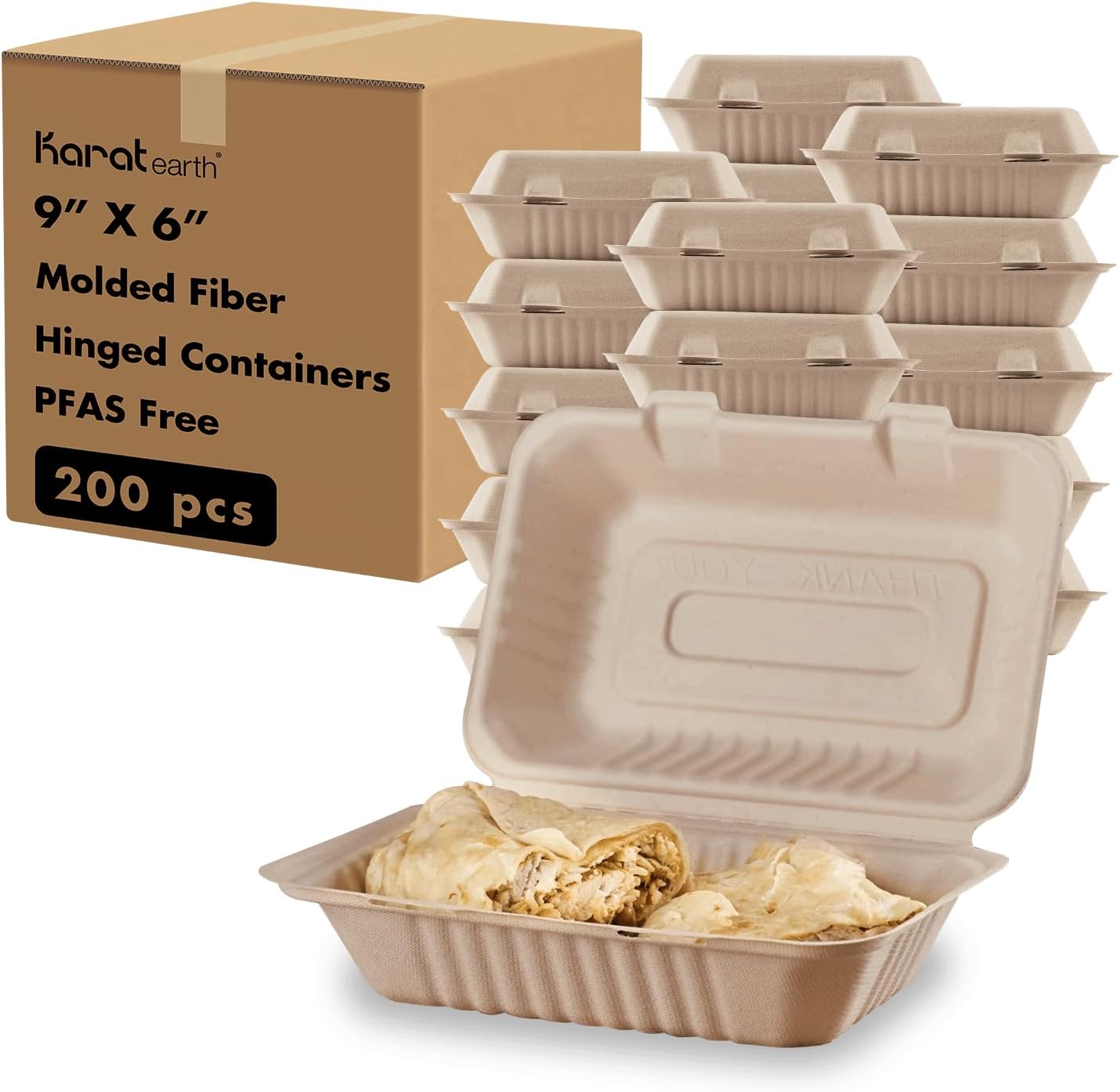 KARAT EARTH Clamshell Take Out Food Containers [9"x6", 200 ct ] Compostable To Go Containers, Natural Biodegradable Bagasse