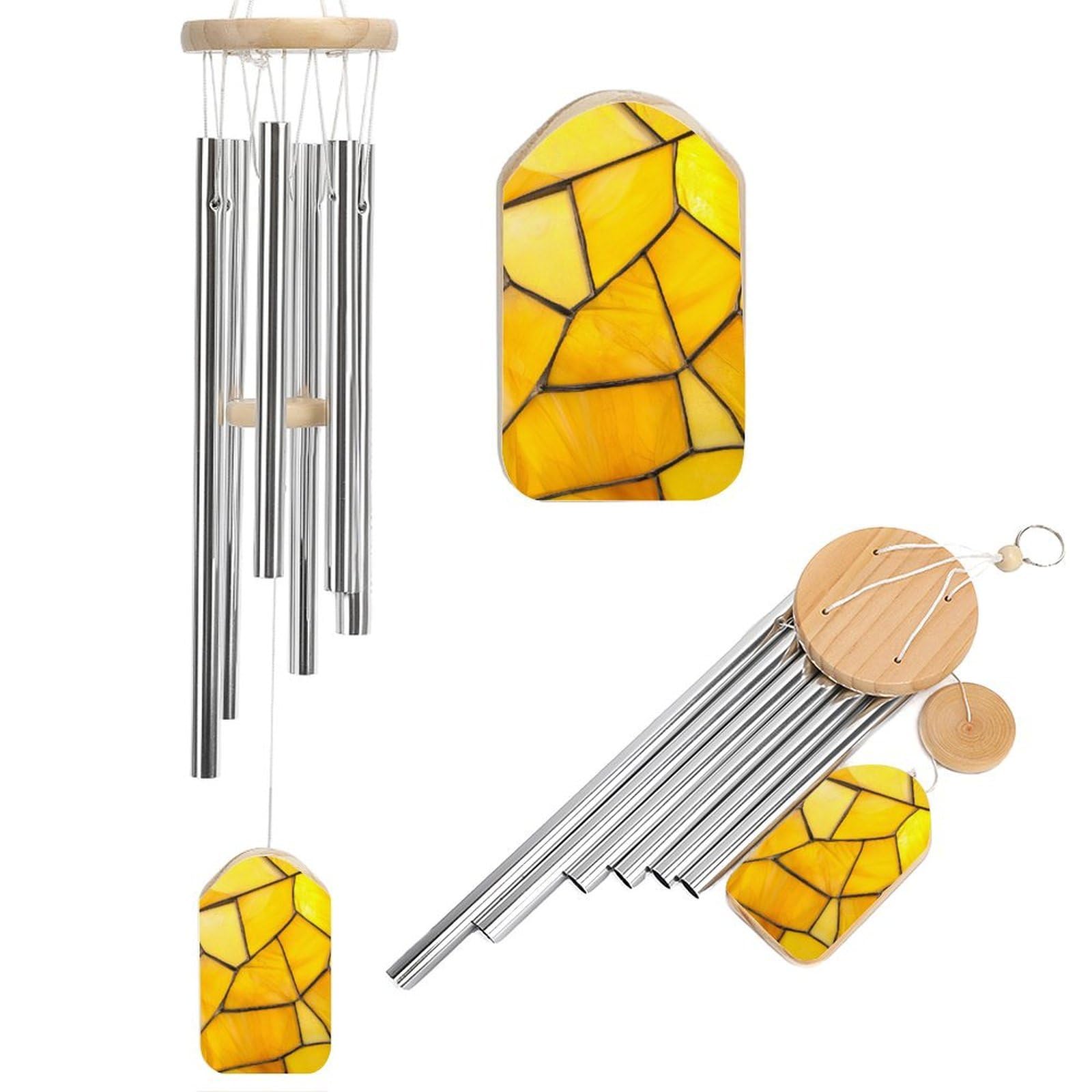 Simple Piece of Yellow Stained Glass Wind Chimes Memorial Deep Tone Windchime with 6 Aluminum Tubes Outdoor Backyard Garden Decoration