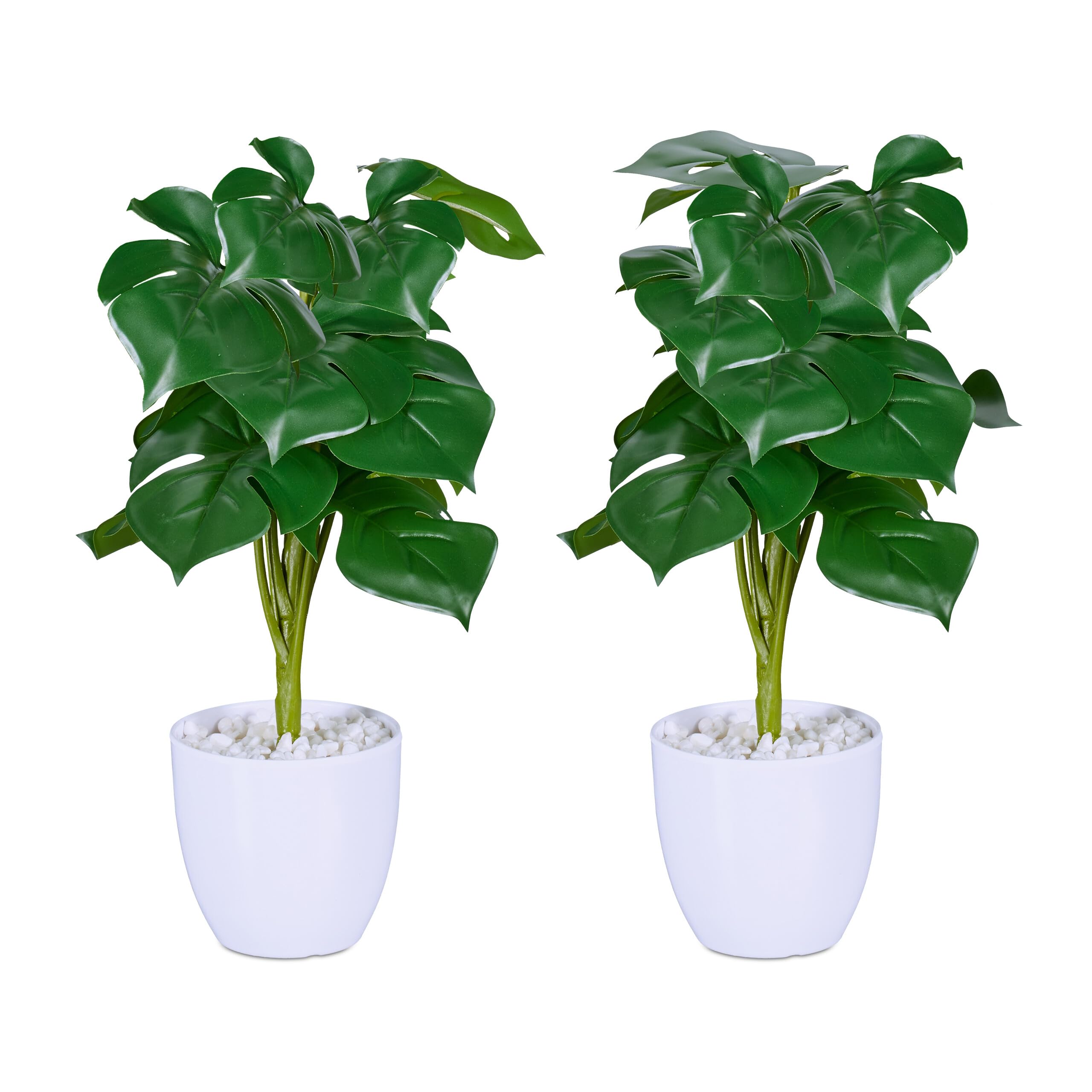 Relaxdays Plantes artificielles, Lot de 2 Fausses Fleurs, en Pot, Monstera décoratives, H x D : 33 x 20 cm, Vert - Blanc
