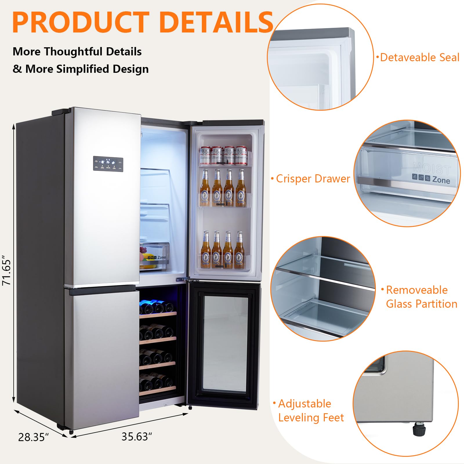 SunnyFurn 595L French Door Refrigerator with Wine Cooler, Colorful Steel Finish, US Standard Energy Efficient Fridge, Large Capacity Freezer Refrigerator, 605w on Fridge.com