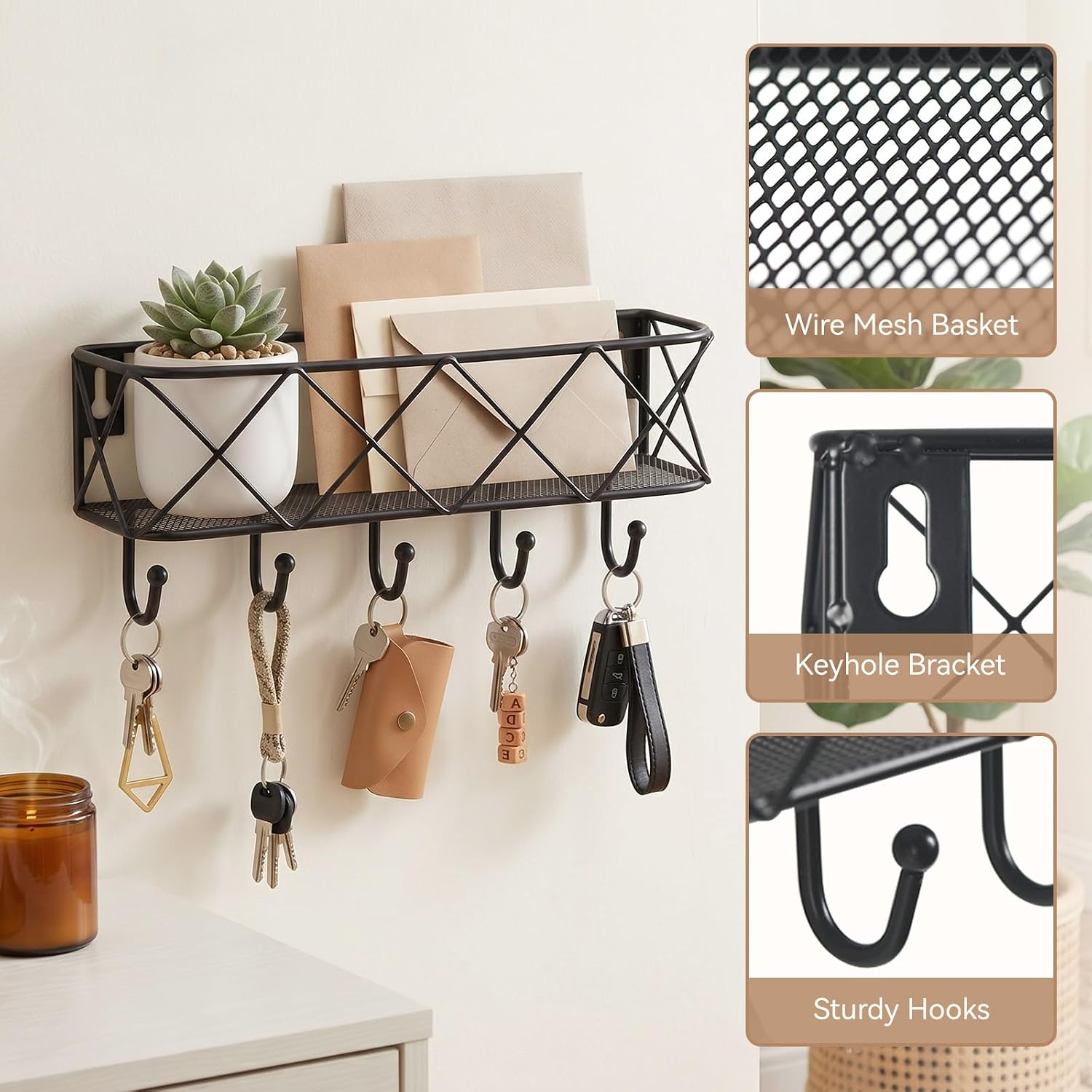 HappyHapi Key Holder for Wall Decorative, Entryway Key Hooks, Wall Mounted Key Rack with 5 Hooks, Metal Wire Mesh Basket Mail Holder, 9.8”Lx2.1”Wx4.1”H