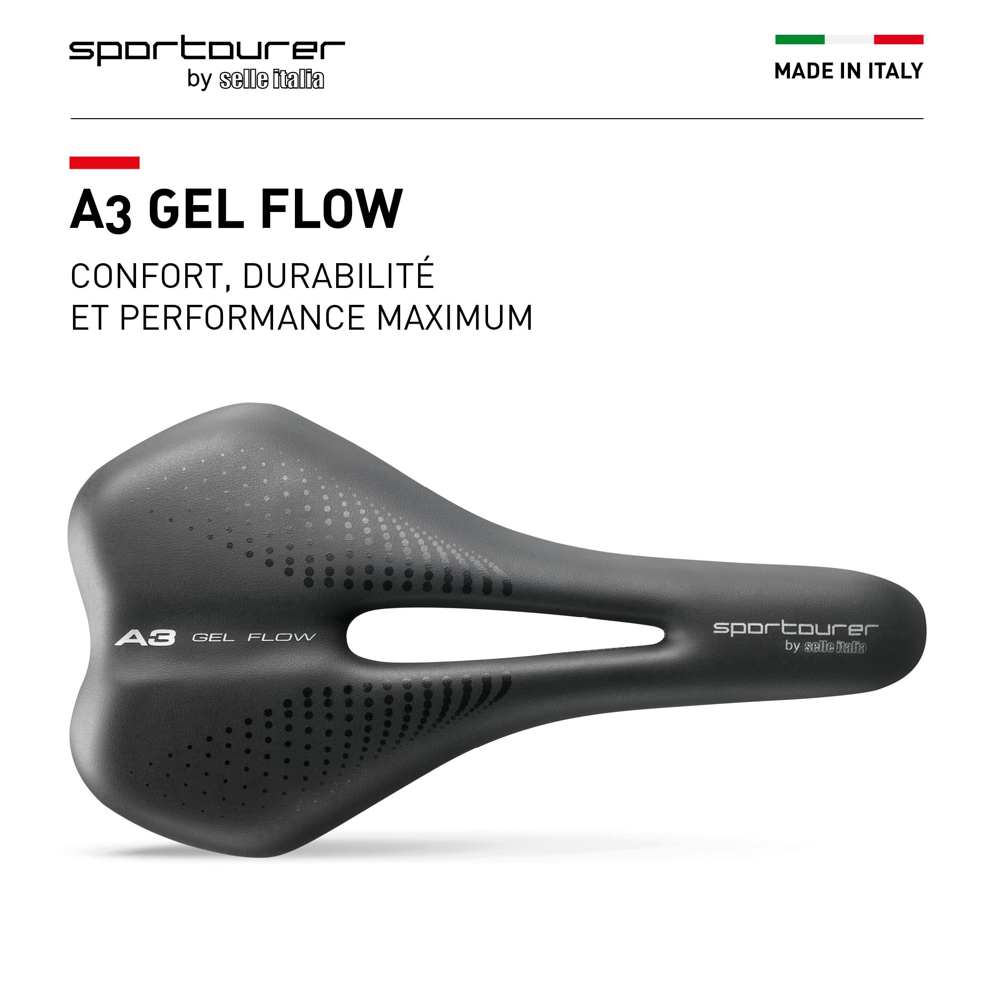 Sportourer by Selle Italia - A3 Gel Flow, Selle de Vélo Souple avec Gel, Hydrofuge et Adaptée à tous les Types de Vélos - Noir