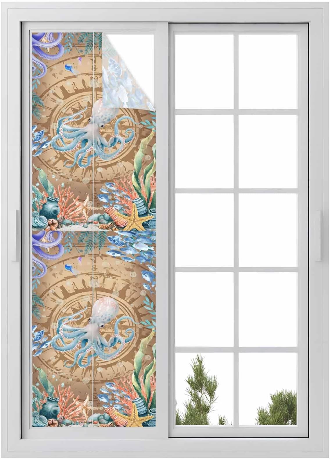 Octopus Coastal Window Privacy Film, Summer Nautical Starfish Coral Brown Anchor Static Cling UV Sun Blocking Window Tint Day and Night, Non-Adhesive One Way Windows Privacy Cover 23.6''x78.7''