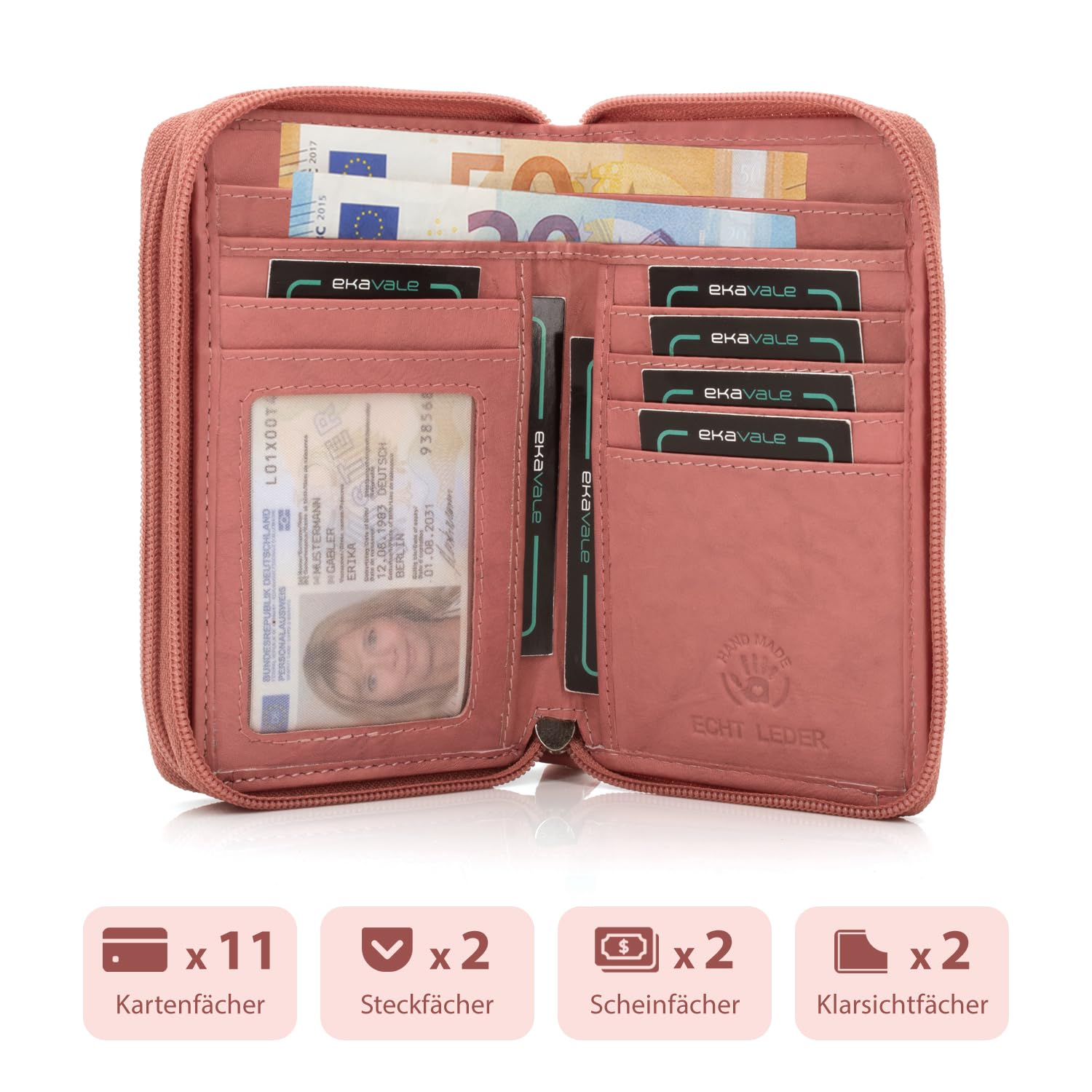 ekavale Hochwertige Damen Geldbörse aus echtem Leder, Frauen Geldbeutel mit RFID-Schutz, Großes Portemonnaie mit Reißverschluss und Viele Kartenfächer (Antik-Himbeere)
