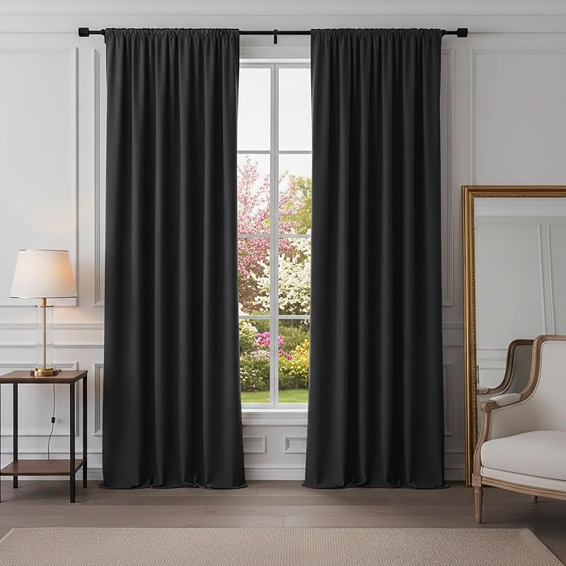 PONY DANCE Cortinas negras de 84 pulgadas de largo para dormitorio, juego de 2 paneles | Cortina opaca para ventana, con bolsillo para barra, aislamiento térmico, cortinas para oscurecer la habitación, ahorro de energía para sala de estar, ancho 52 x largo 84 pulgadas