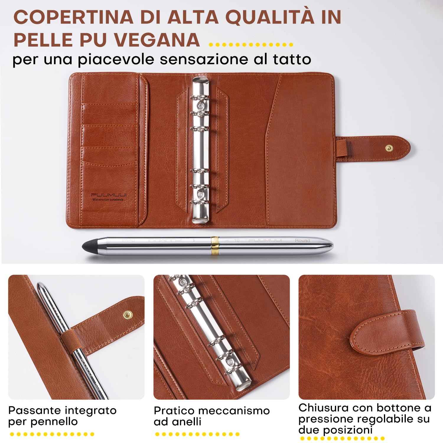 Kit Acquerelli da Viaggio con Sketchbook - 36 Colori, Tavolozza e Pennello da Viaggio, 20 Fogli in Carta 100% Cotone 300 g/m², Copertina in Pelle Vegana, ideale per Urban Sketching, Pittura all'Aperto