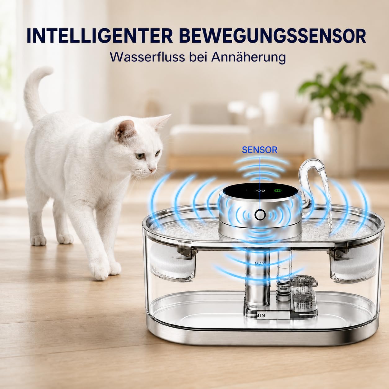 Fuente inalámbrica para gatos de 3 L con batería y detector de movimiento, fuente de agua para gatos de acero inoxidable, silenciosa fuente para gatos con filtro de carbón activo, fuente de agua para