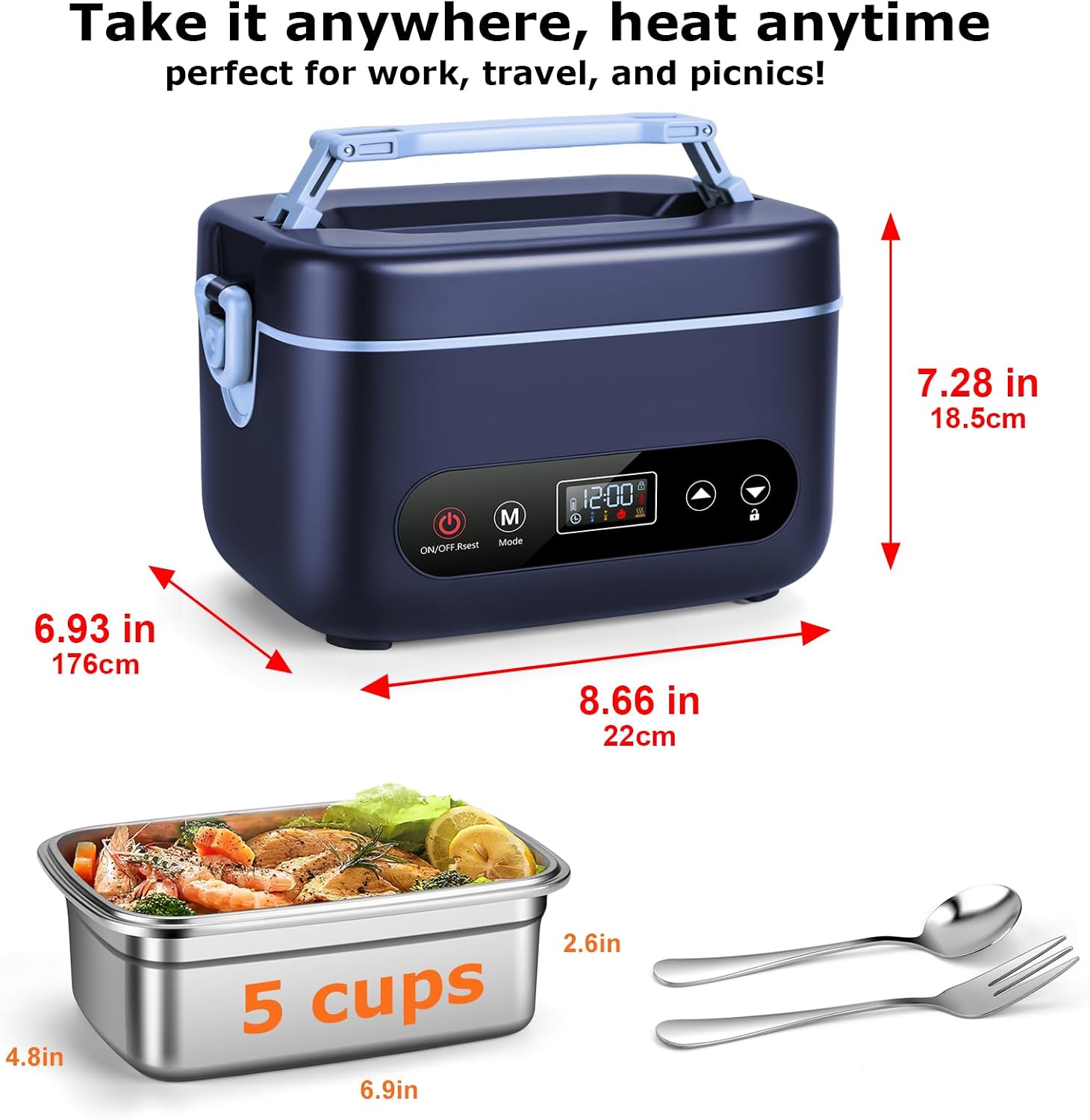 Electric Lunch Box for Men, 1.2L Cordless Heated Lunch Box, 24000mAh Rechargeable Portable Food Warmer with Auto Temperature Control, 5-Sided Heating, Leakproof, for Office, Outdoors & Truck, Blue