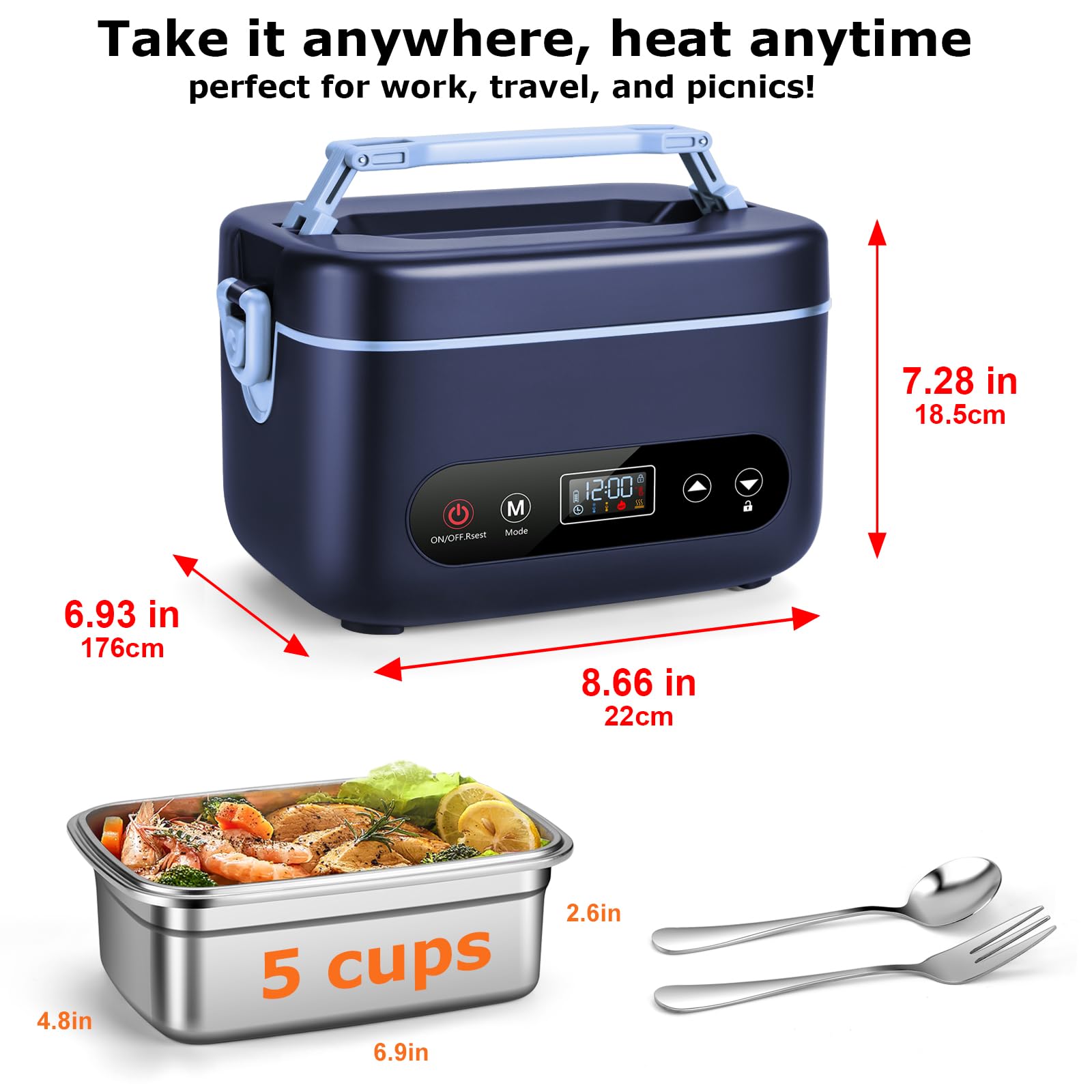 Lonchera eléctrica para hombre, lonchera térmica inalámbrica de 1.2 L, calentador de alimentos portátil recargable de 24000 mAh con control automático de temperatura, calefacción de 5 lados, a prueba