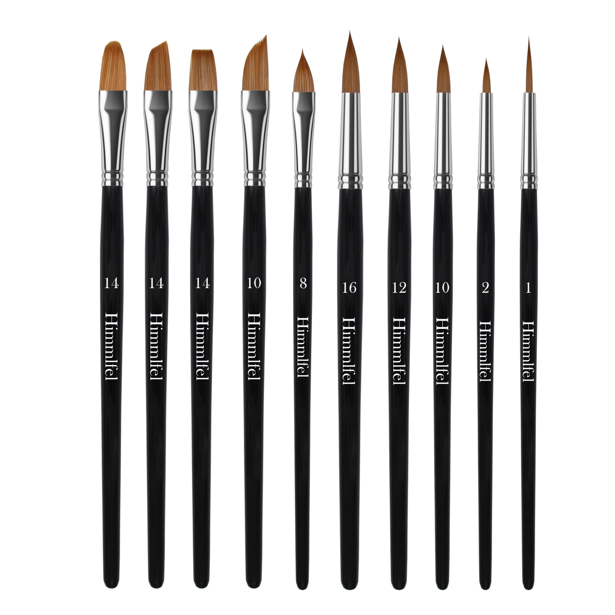 10 pcs paint brushes Including round pointed tip, filbert, angular, flat, rigger, cat tongue and dagger brush types, for acrylic, watercolour, oil and gouache painting-image-1