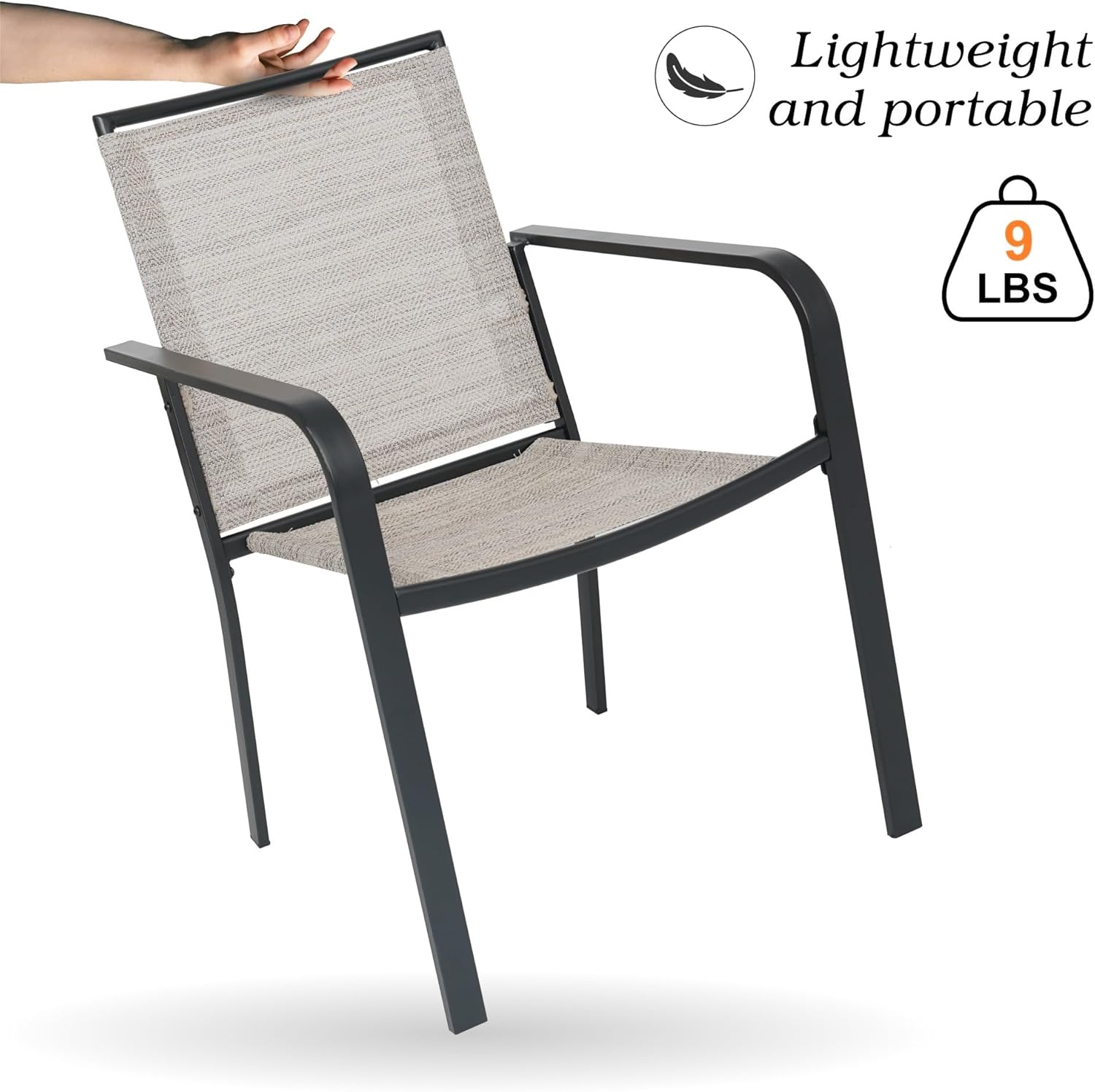 Anmutig 7-Piece Outdoor Dining Set, Patio Powder Coated Steel Table with 6 Stackable Sling Chairs, 63 x 38 Inch Table Beige White Fabric
