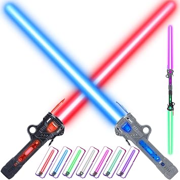 Light Up Saber for Kids, Dual Light Sword RGB 7 Colors Changeable with 3 Modes FX Sound, Expandable LED Dual Swords Set for Galaxy War Fighter Warriors 2 Pack