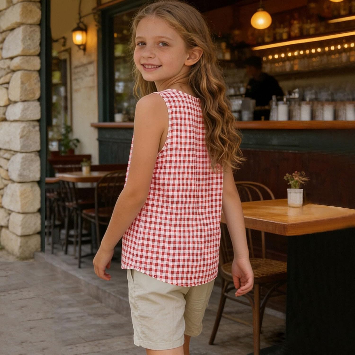 Gingham Girls Tank Tops Linen Cotton Blend Sleeveless Summer Shirts Crew Neck Loose Breathable Casual Tops for Kids