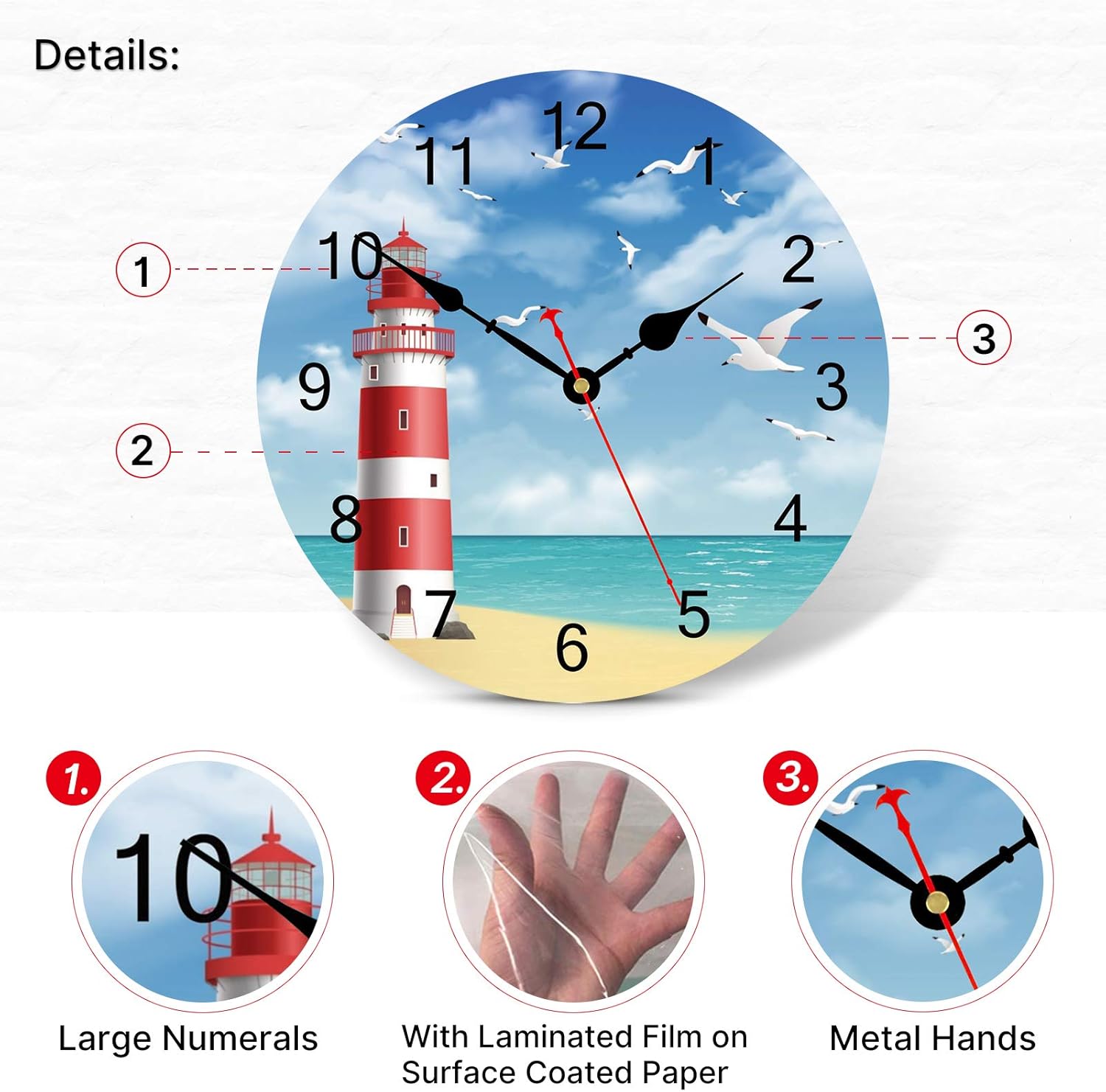 TAHEAT Lighthouse Seagull Ocean Wall Clock, Wooden Battery Operated Clocks, Silent Non Ticking Easy to Read Wall Clock for Kitchen/Bedroom/Living Room, 14 Inch