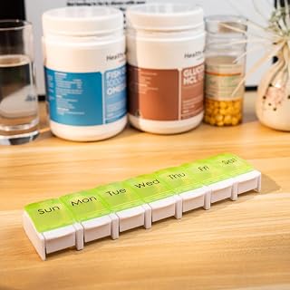 Weekly (7-Day) Pill Case, Medicine Planner, Vitamin Organizer Box, Convenient and Easy to Use, Large Compartments, Travel Portable Medicine Organizer for Vitamins, Fish Oils for Hikking, Green