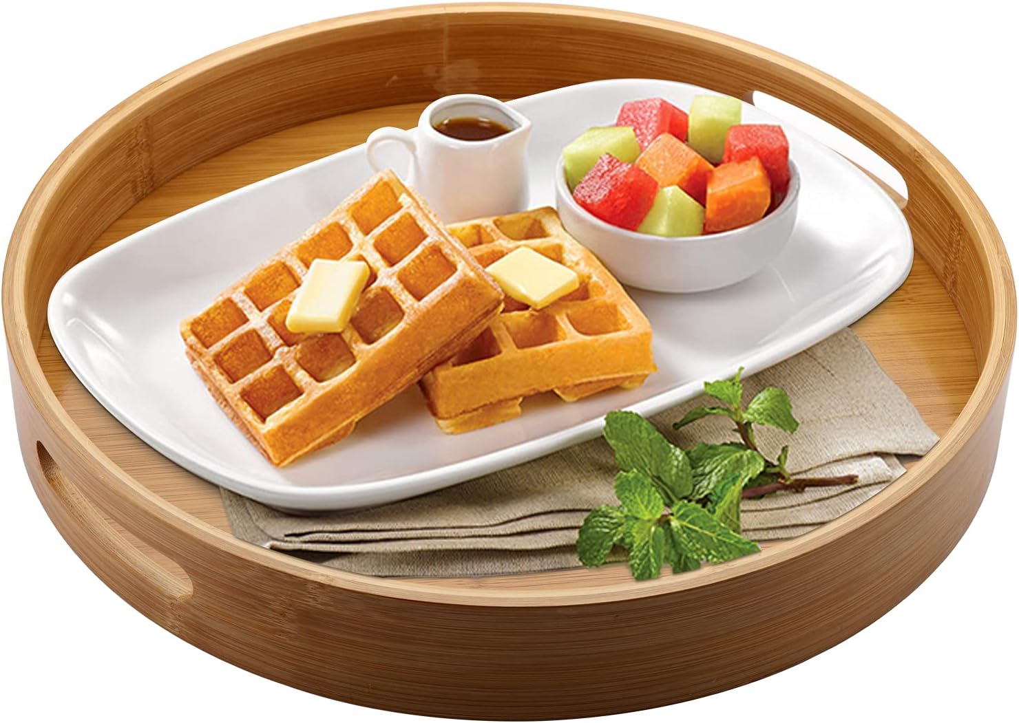 Amazon Round Rattan Decorative Tray With Natural Wood Vanity