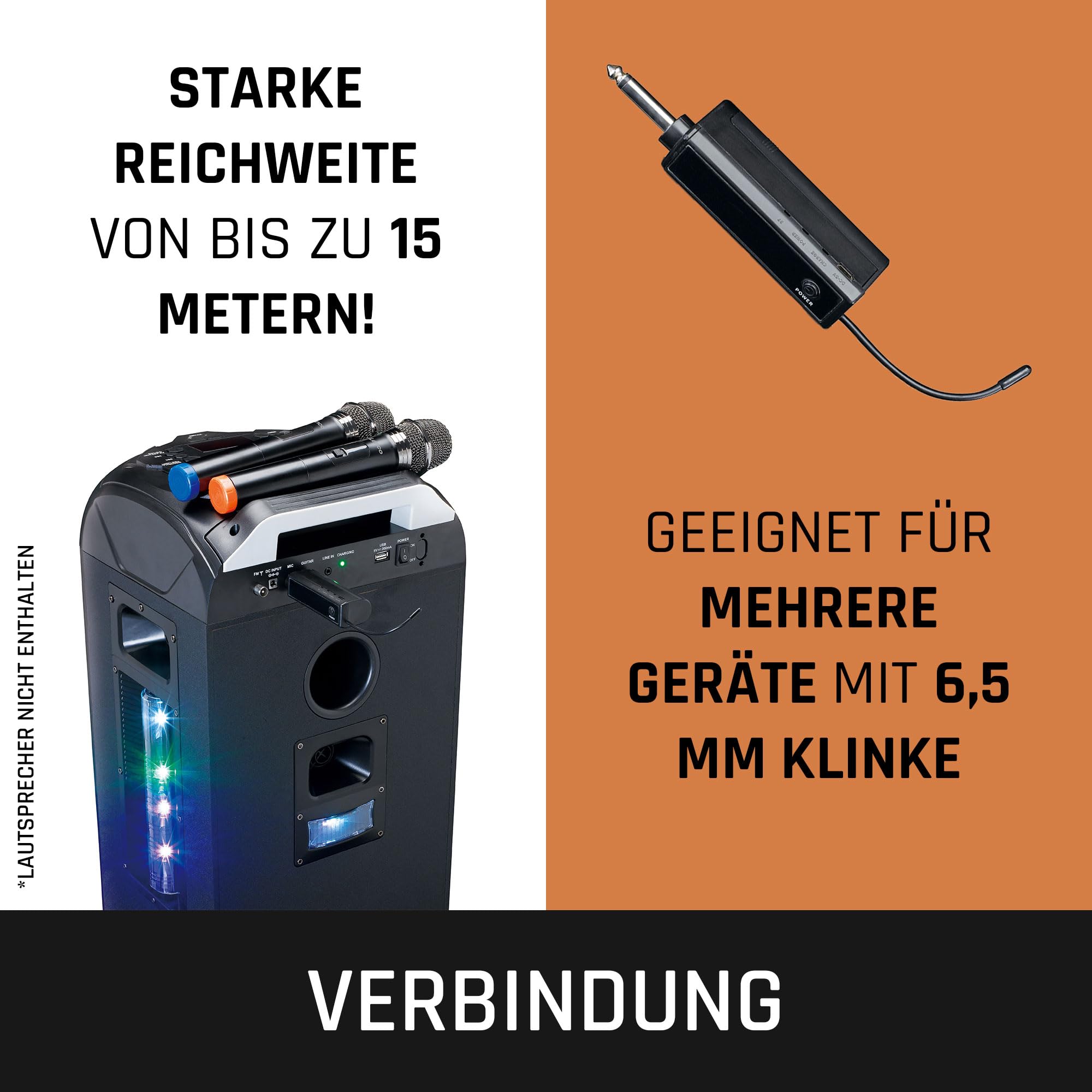 Lenco MCW-011 Kabelloses Mikrofon - Funkmikrofon mit Empfänger - 6,5mm Stecker - integrierter Akku mit 2000nAH - bis zu 15 Meter Reichweite - 863,5 MHz - Schwarz