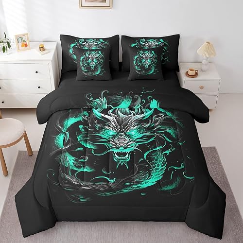 Castle Fairy Dragon 7 Pieces Comforter Set Queen Size,Blue G
