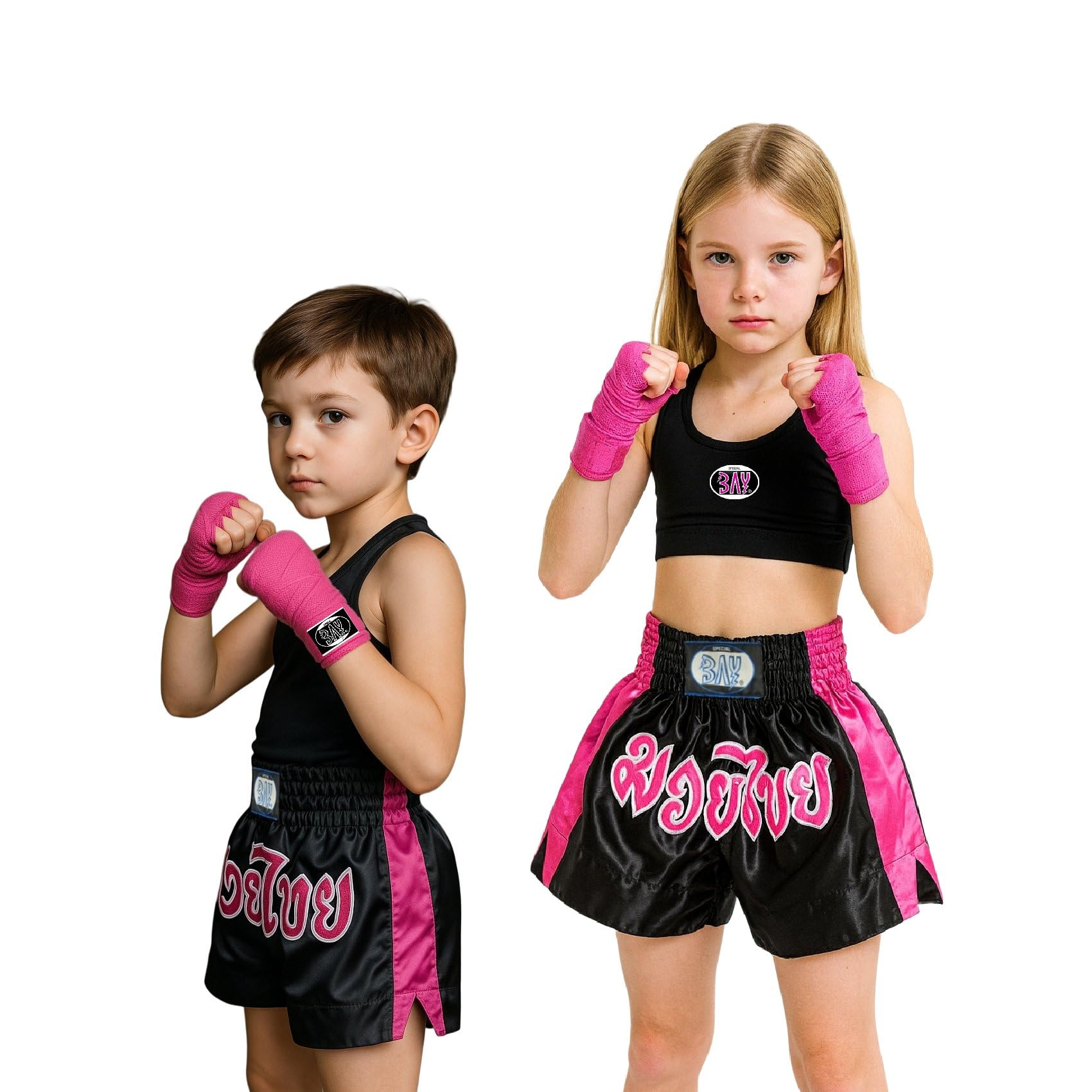 BAY Remy Thaiboxhose Kickboxhose Muay Thai Hose kurz aus Polyester mit traditioneller Thaischrift Schwarz/Pink Rosa XXS, XS, S, M, L, XL, XXL für Damen, Herren, Kinder, Erwachsene, Mädchen, Jungen