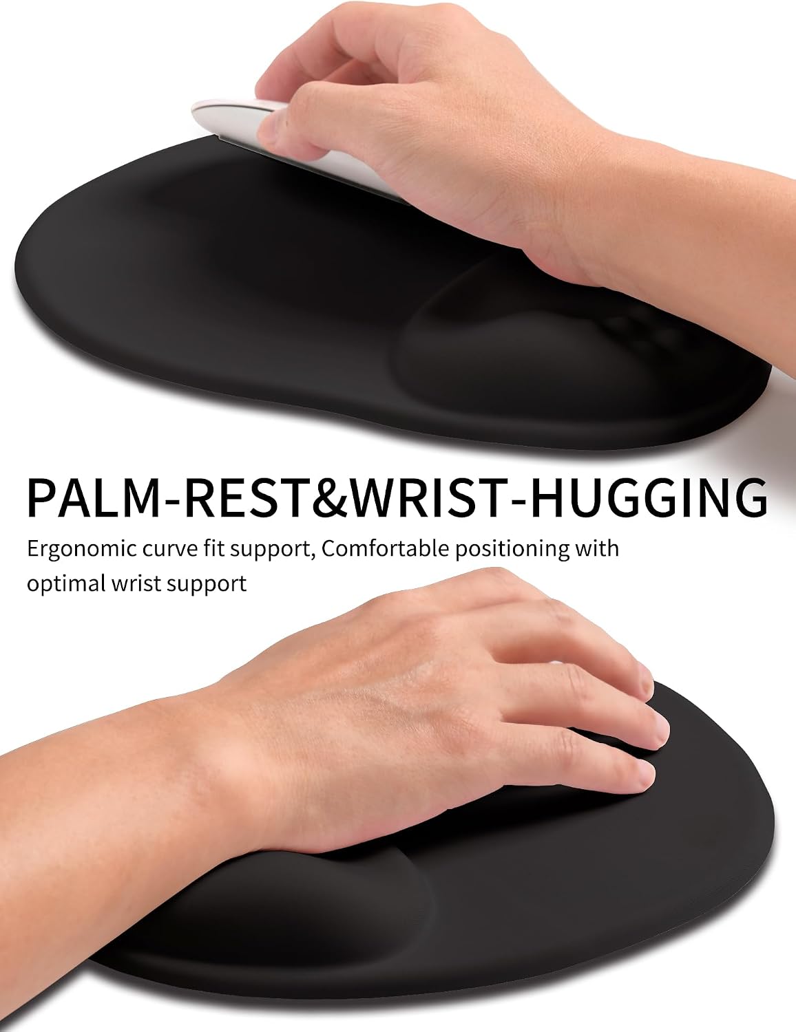 Palm-Rest and Wrist-Hugging Mouse Pad Wrist Rest, Ergonomic Wrist Support with Curve Fitting Cushioned Memory Foam for Carpal Tunnel Pain Relief, 9.9 x 8.3 Inch, Dark Night Black