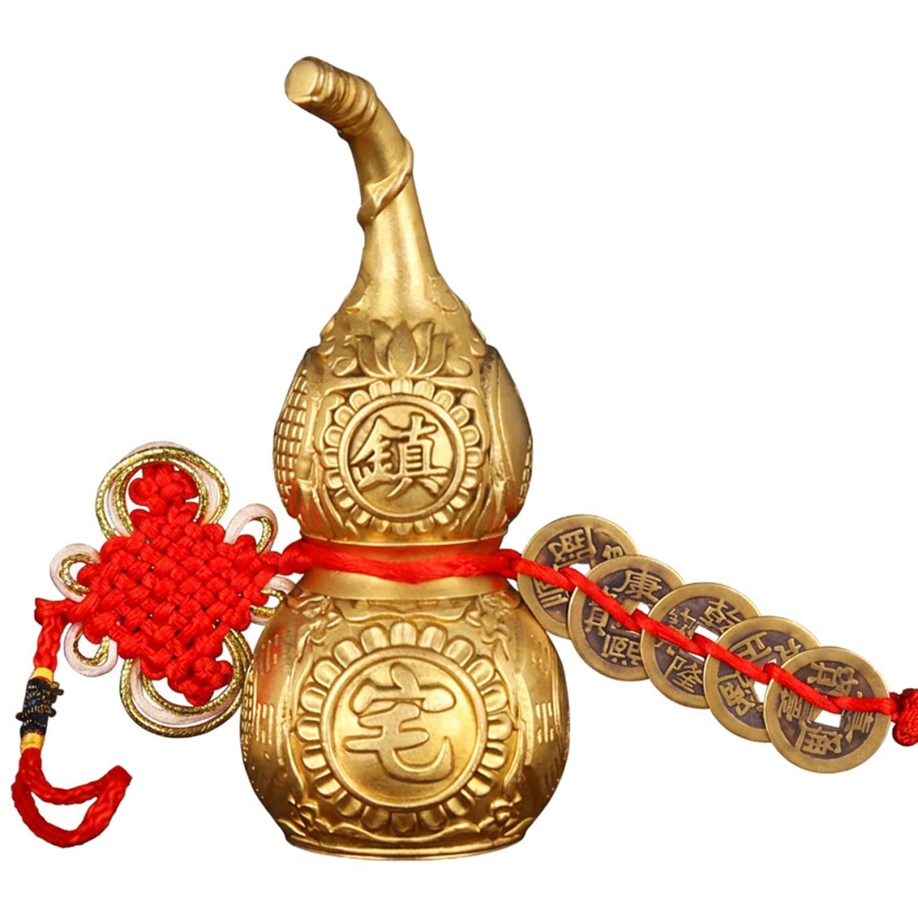 CAKEEYUM Wu Lou Feng Shui Authentic Brass Feng Shui Gourd Ornament (Wu Lou) with Ancient coin & Red Knot Chinese Decor for Home Good Luck Gourd, Decor, Chinese, Ne