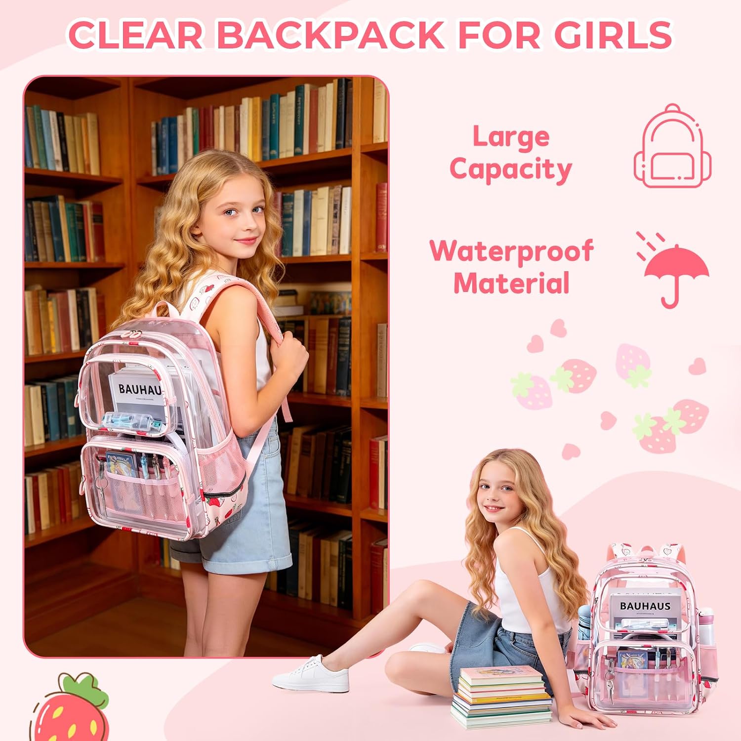 Sisipoet Clear Backpack for Girls with Strawberry Print, Heavy Duty Transparent Bookbag for School, Stadium, and Concert, Pink