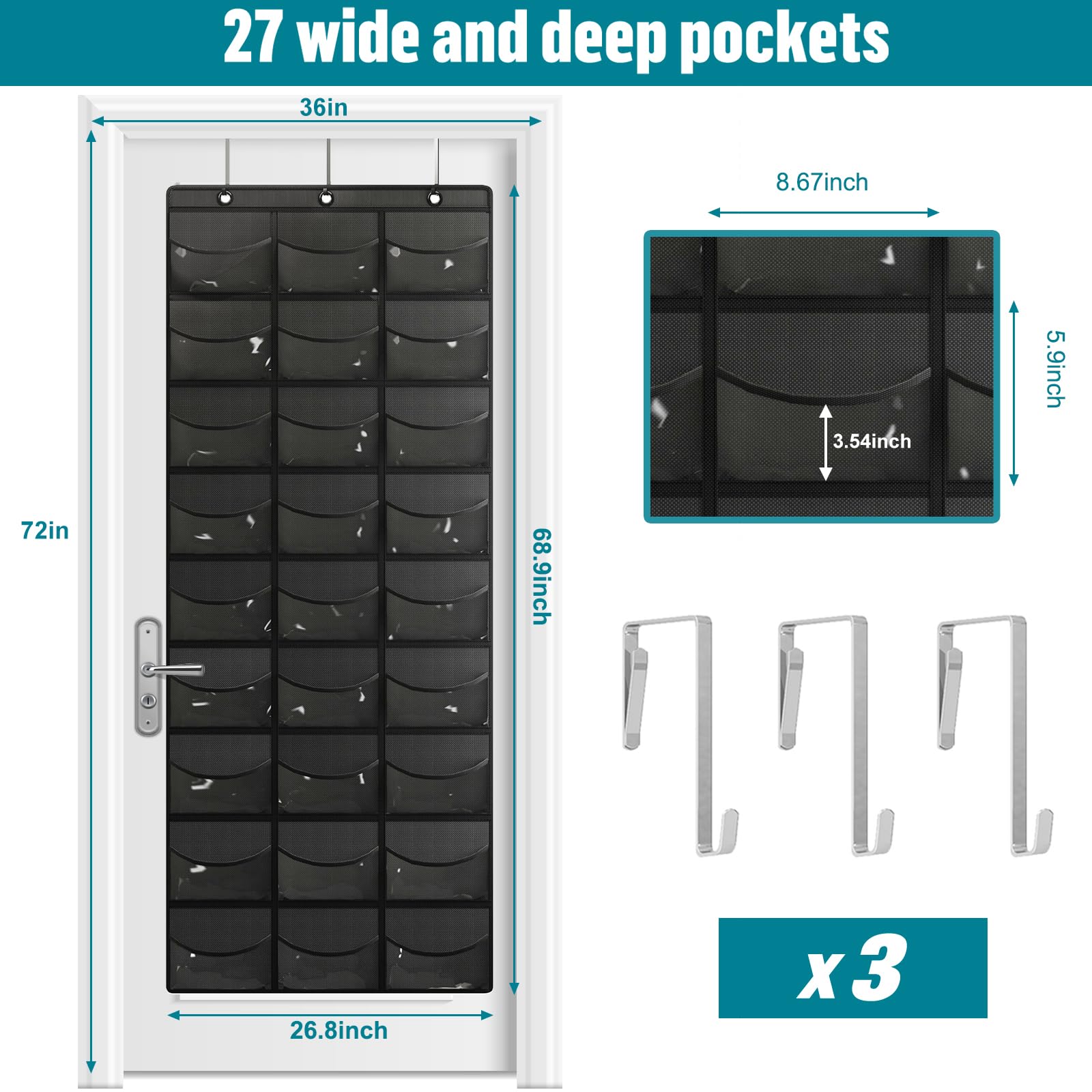 Fixwal Hat Organizer for Baseball Caps, 27 Pocket Over The Door Hat Rack for Storage Closet Wall, Cap Holder Hanger with Large Clear Pockets & 3 Hooks, Hat Storage to Protect and Display, Black