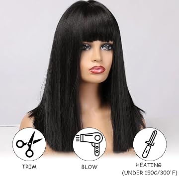 Black Straight Bob Wig with Flat Bangs for Women - Synthetic Hair Cosplay Halloween Fancy Dress