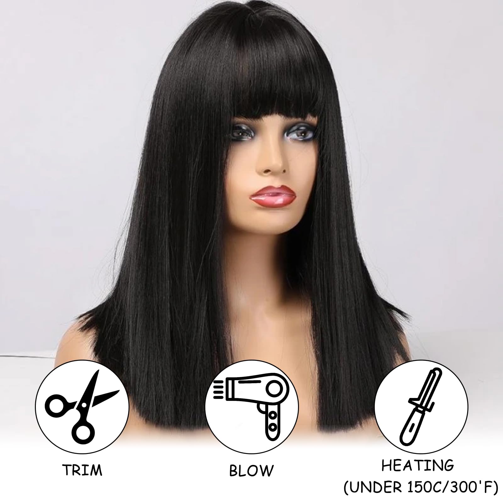 Black Straight Bob Wig with Flat Bangs for Women - Synthetic Hair Cosplay Halloween Fancy Dress - Image 3