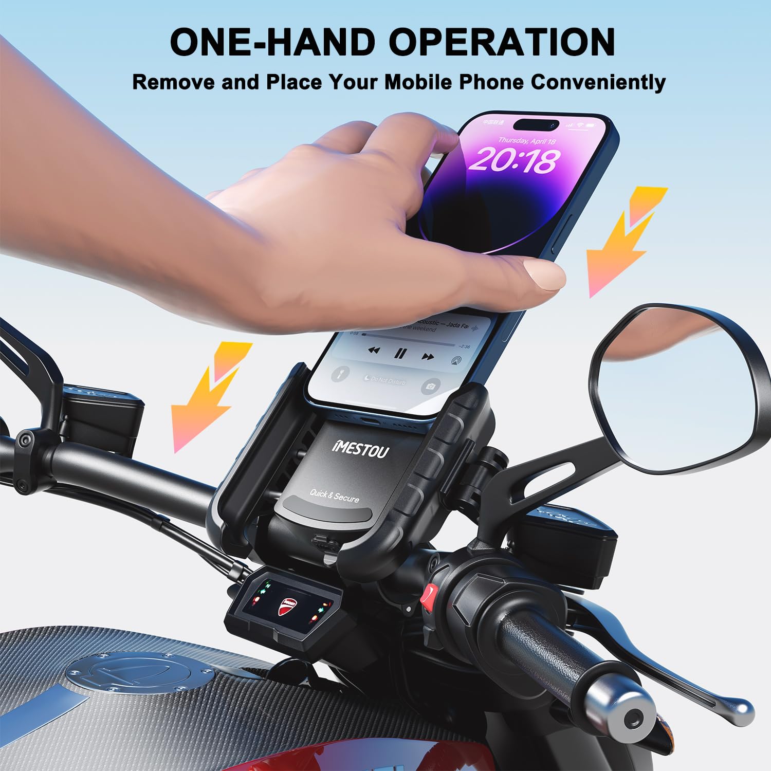 iMESTOU Caricatore USB per Telefono da Moto in Alluminio con Porta USB C di Ricarica Rapida, Compatibile con Telefoni da 5,4"-7,25" Fino a 15 mm di Spessore, Adatto per Manubri da 12 mm-32 mm