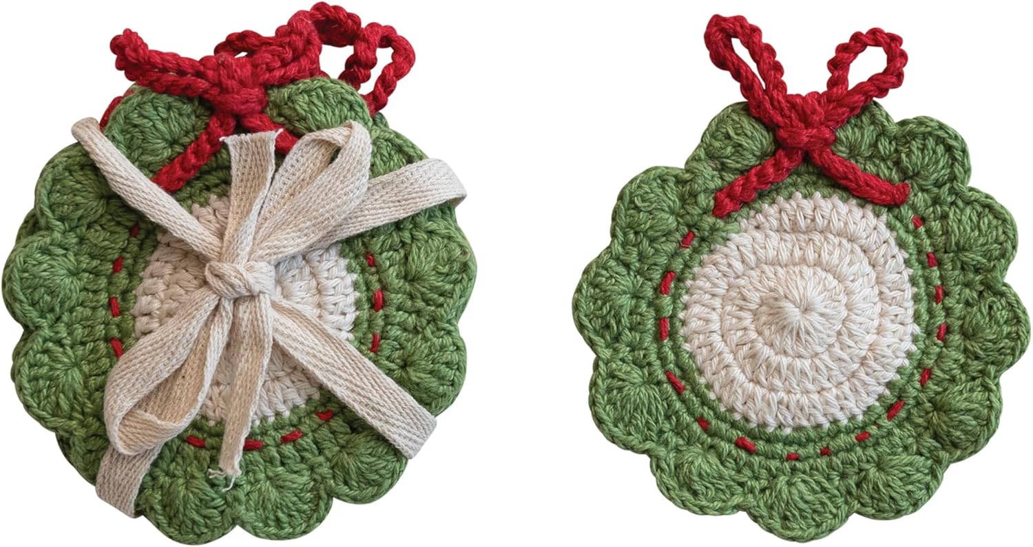 Creative Co-Op Cotton Crocheted Wreath Shaped Coasters, Green, Red and White, Set of 4