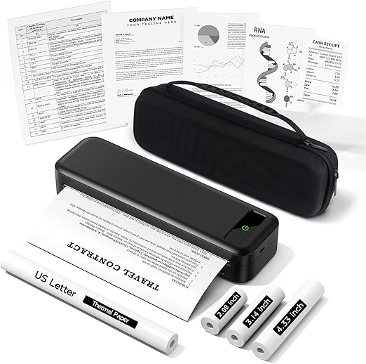 Portable Printers Wireless for Travel, Bluetooth Inkless Thermal Printer, Support 8.5" X 11" US Letter & A4 Size, Small Mobile Printer with Carry Case, Compatible with Phone Laptop for Office Car Home