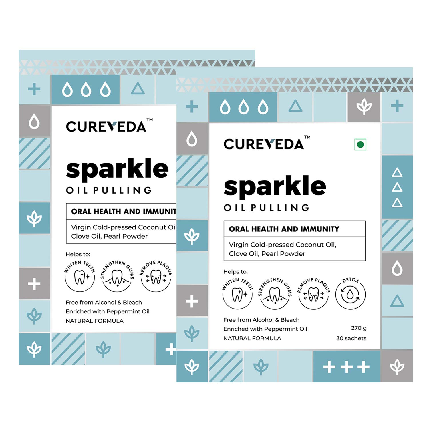 Cureveda Sparkle Pearl Oil Pulling with Coconut Oil for Mouth, Teeth & Gums | Herbal Mouthwash for Oral Health, Detoxification & Bad Breath | Peppermint Flavour (Pack of 2, 30 Sachet Each) (B08R6ZV38F) Amazon Price History, Amazon Price Tracker