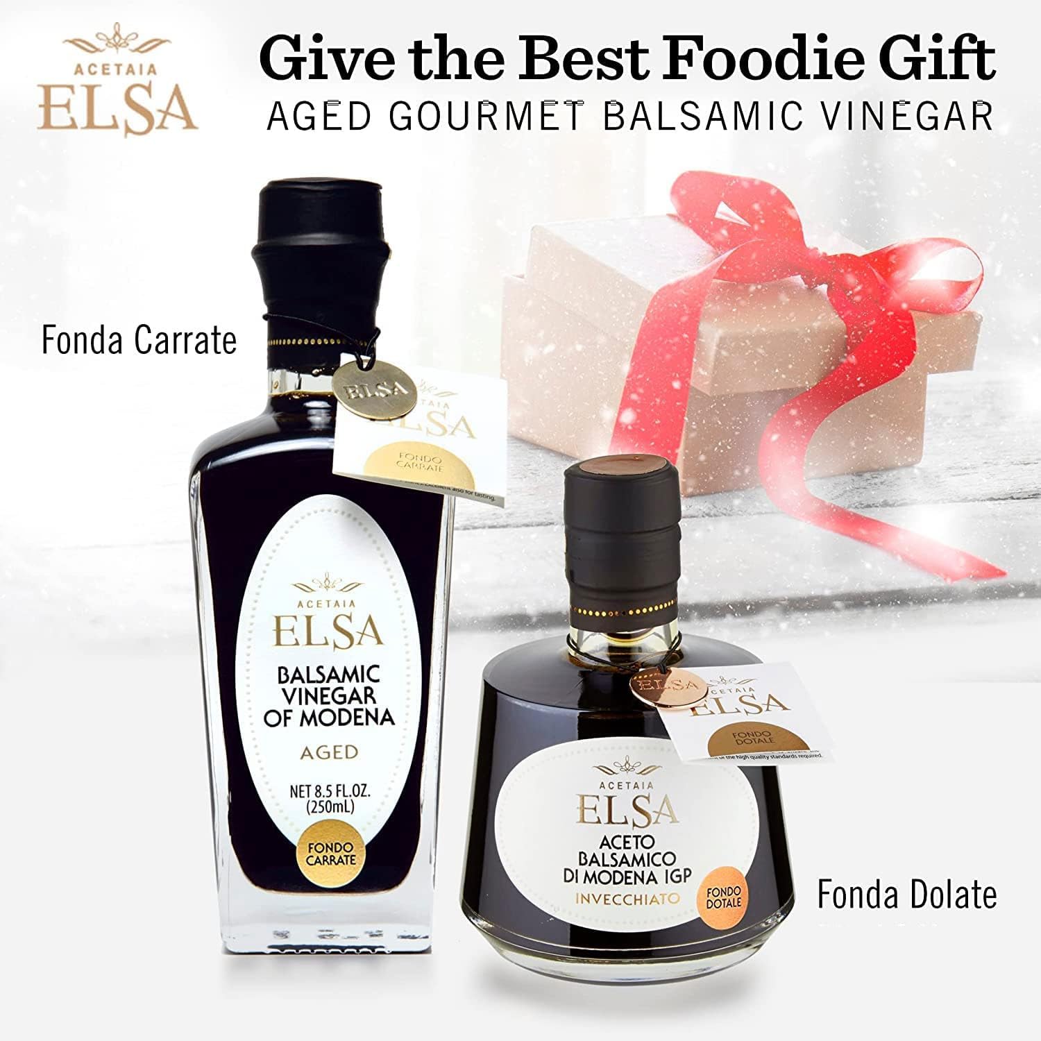 Elsa Italian Balsamic Vinegar of Modena Gift Set Includes Carrate and Dotale Bottles, Aceto Balsamico di Modena IGP, Medium-Low Density, Pack of (2) 8.4 Ounce Bottles
