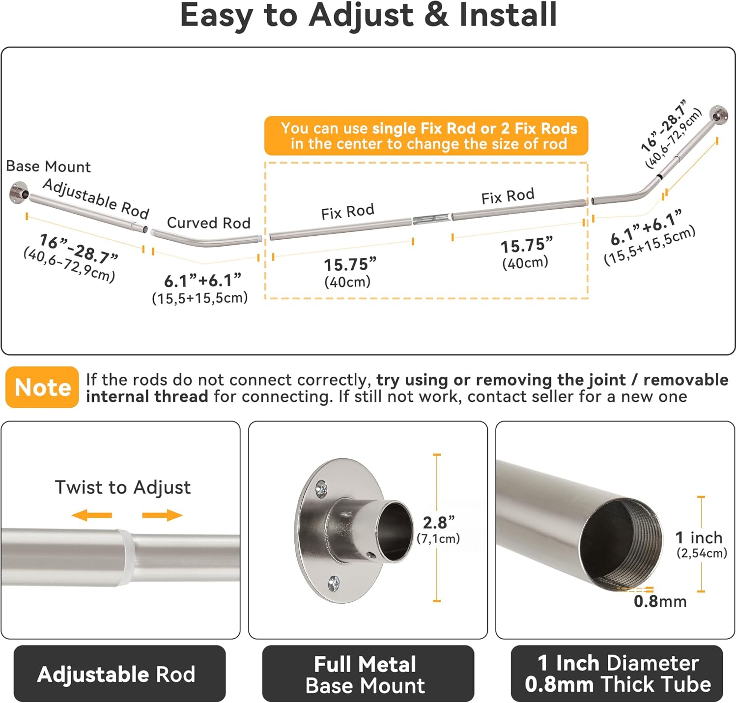 Corner Shower Curtain Rod, Diamond Shaped [Both Sides: 22"-34.8", Middle: 28"/43.7"/12.2"] Heavy Duty NEO Angle Shower Pole for Bathroom Bathtub with 12 Hooks & Ceiling Support -Brushed Nickel