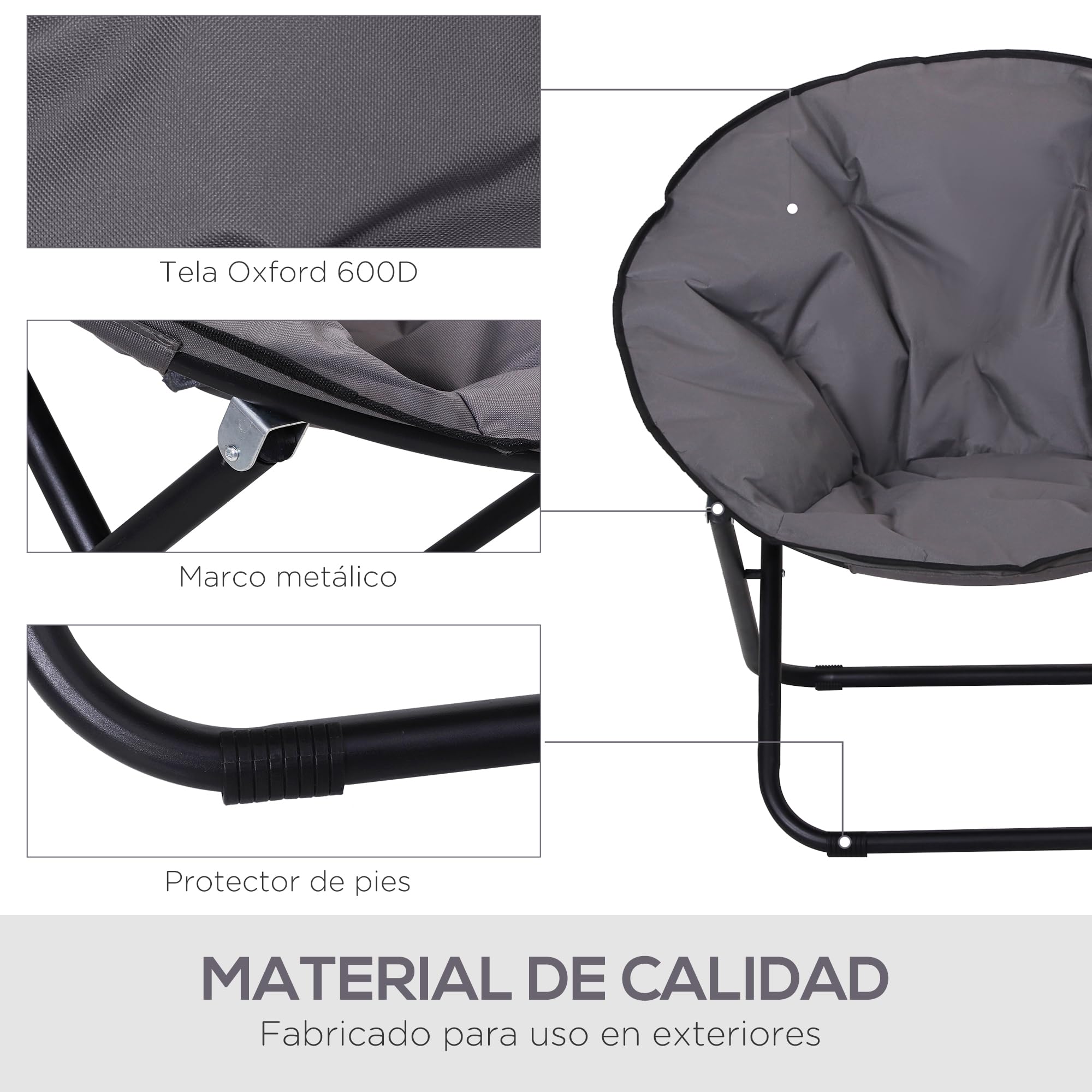 Outsunny Silla de Luna Plegable Silla de Camping Silla de Platillo con Patas de Metal y Asiento de Tela Oxford Carga 120 kg para Playa Terraza Patio 80x80x75 cm Gris