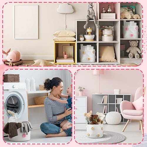 Miniatura 6 de Yoande Cesta de almacenamiento de tela con asas para niños, bonita cesta de almacenamiento para guardería, cesta redonda con asa, cesta plegable